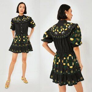 NWT Sea New York Perle Print Puff Sleeve Ruffled Cotton Black Mini Dress